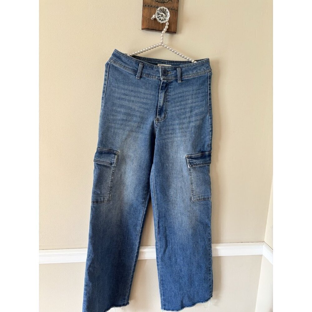 Oat New York Womens Size 6 Cargo Blue Jeans High Waist Mom Jeans Raw Hem